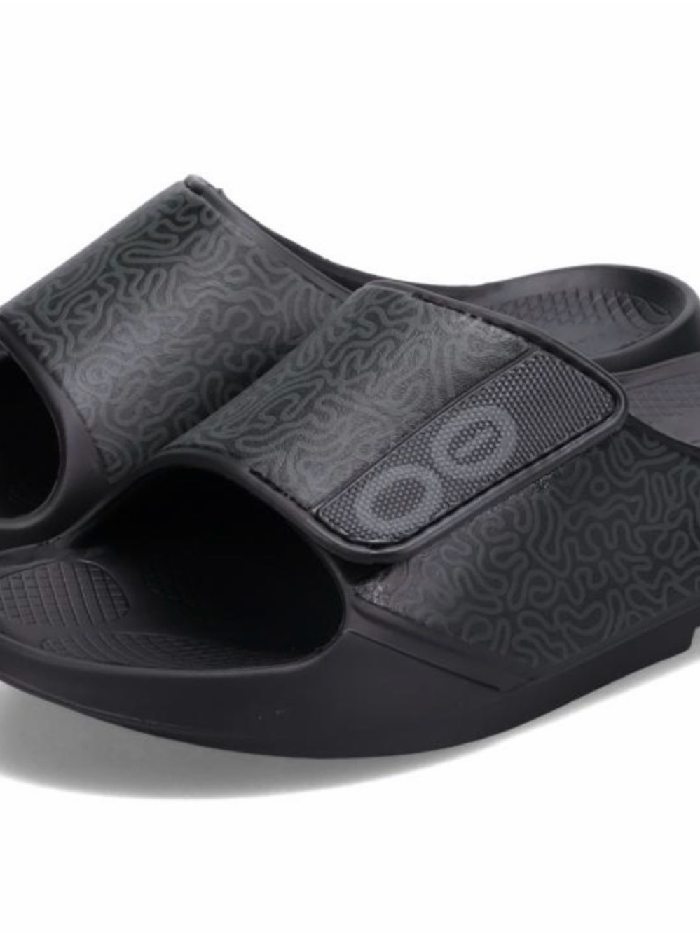 OOFOS Men's Black Slide Sandals with Patterned Strap